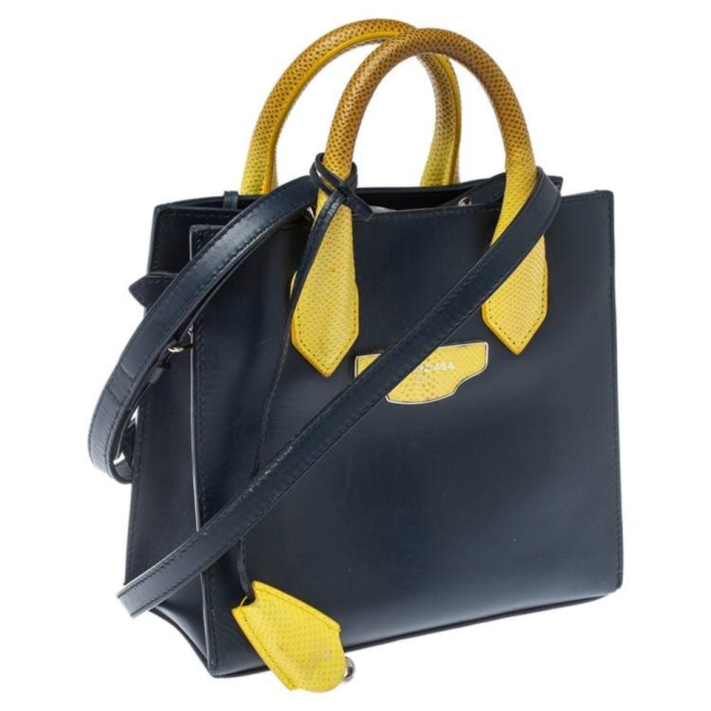 Authentic Balenciaga Navy Blue/Yellow Leather and Lizard Mini All Afternoon Tote